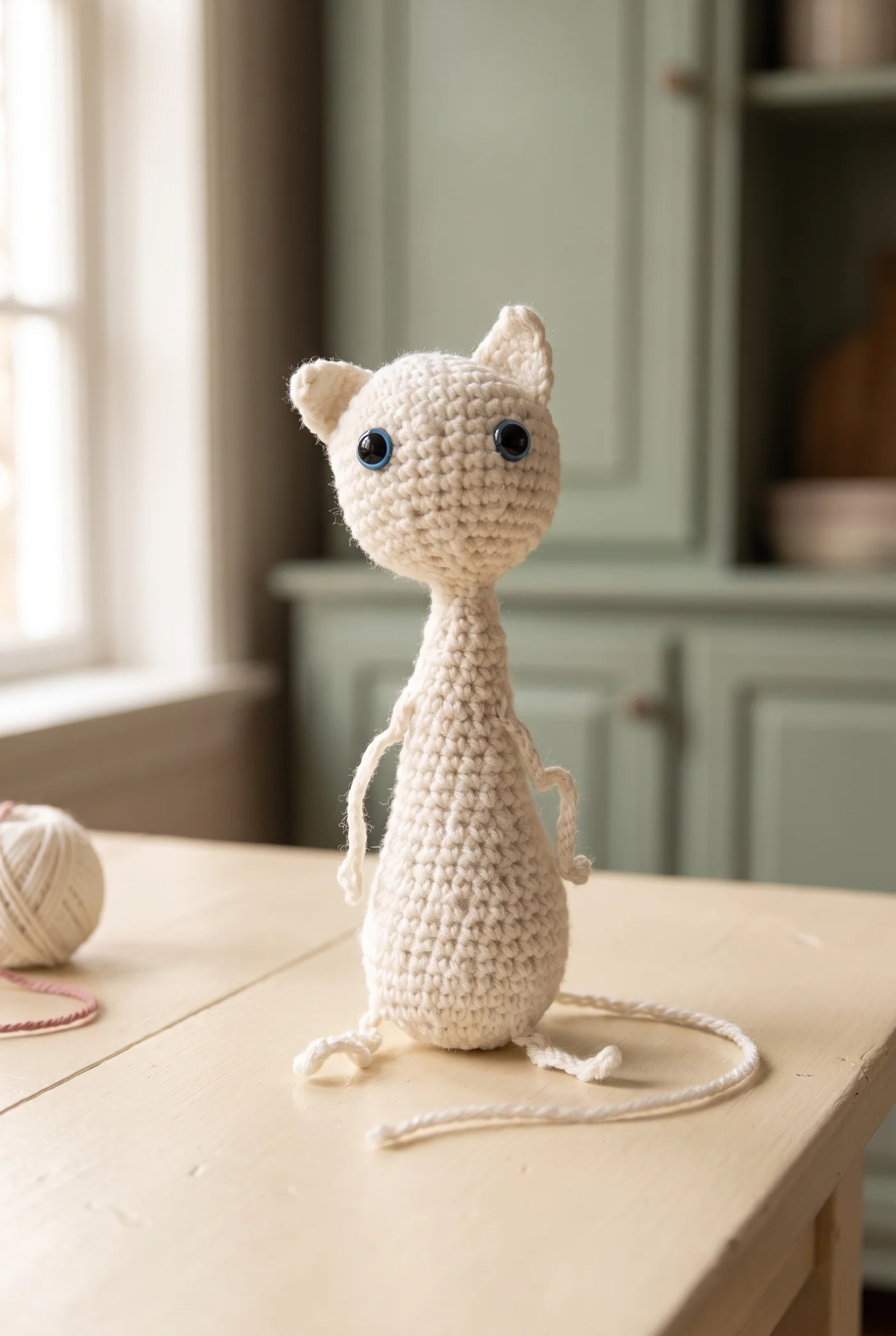 AI-created portrait of Floppy-Cat on a cream atelier table in soft window light